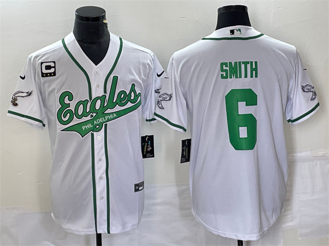 Men's Philadelphia Eagles #6 DeVonta Smith White With C Patch Cool Base Stitched Baseball Jersey Men's Philadelphia Eagles #6 DeVonta Smith White With C Patch Cool Base Stitched Baseball Jersey